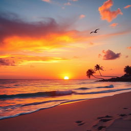 A serene sunset over a tranquil beach, with vibrant oranges, pinks, and purples filling the sky
