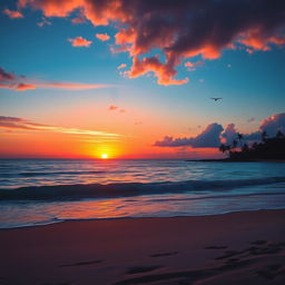 A serene sunset over a tranquil beach, with vibrant oranges, pinks, and purples filling the sky