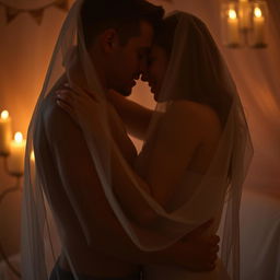 An artistic interpretation of sensuality and intimacy, featuring a couple in a passionate embrace