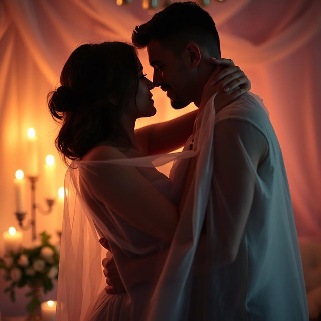 An artistic interpretation of sensuality and intimacy, featuring a couple in a passionate embrace