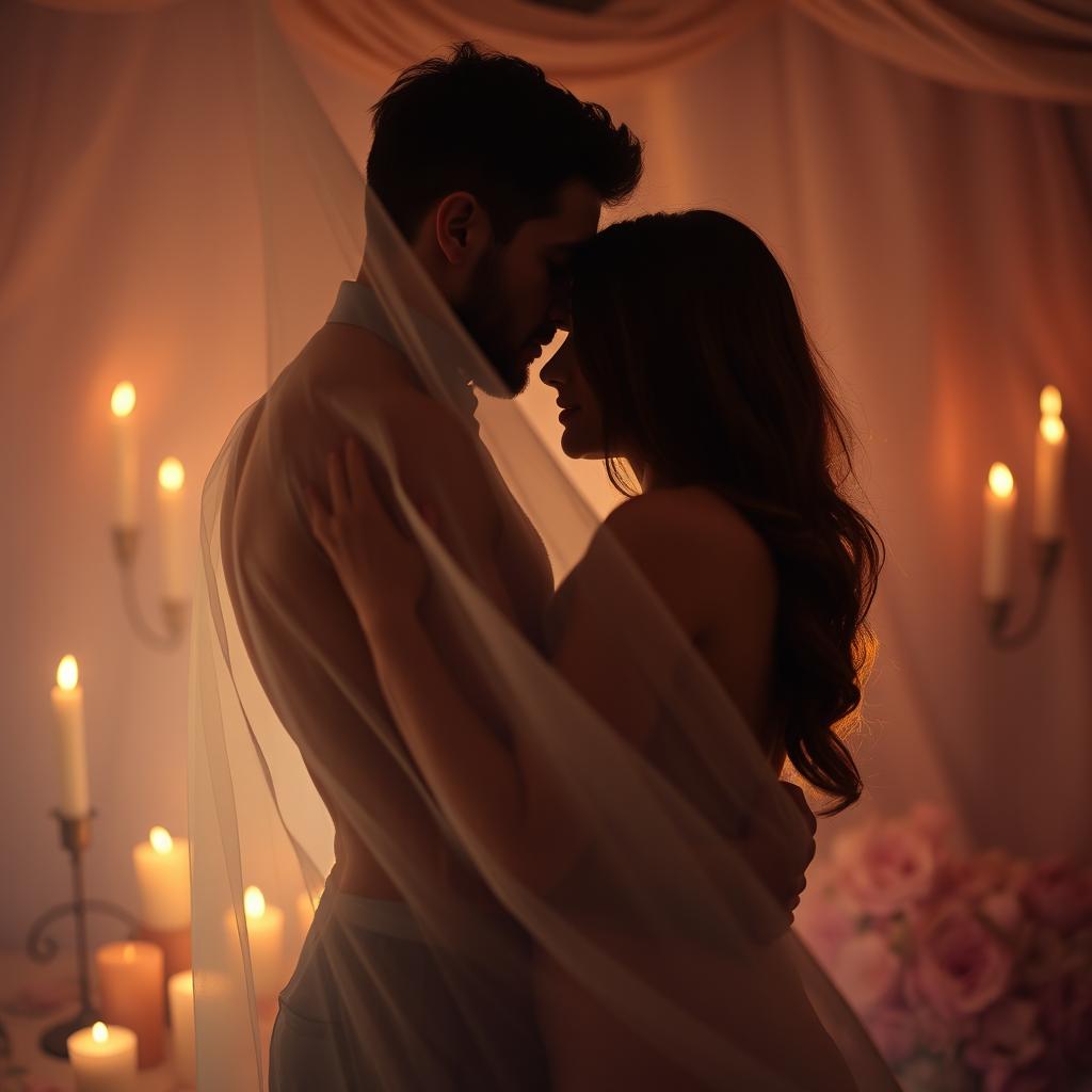 An artistic interpretation of sensuality and intimacy, featuring a couple in a passionate embrace