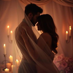An artistic interpretation of sensuality and intimacy, featuring a couple in a passionate embrace