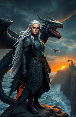 A captivating fantasy scene depicting Elenya Targaryen, a fierce and brave warrior princess, standing atop the majestic cliffs of Dragonstone, overlooking the turbulent sea