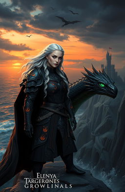 A captivating fantasy scene depicting Elenya Targaryen, a fierce and brave warrior princess, standing atop the majestic cliffs of Dragonstone, overlooking the turbulent sea