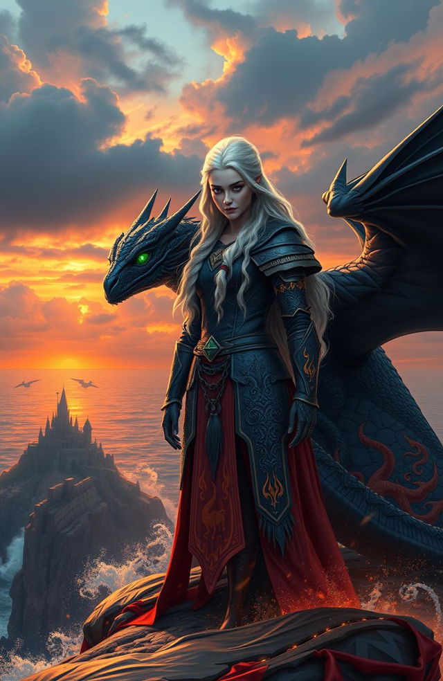 A captivating fantasy scene depicting Elenya Targaryen, a fierce and brave warrior princess, standing atop the majestic cliffs of Dragonstone, overlooking the turbulent sea