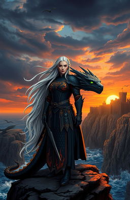 A captivating fantasy scene depicting Elenya Targaryen, a fierce and brave warrior princess, standing atop the majestic cliffs of Dragonstone, overlooking the turbulent sea