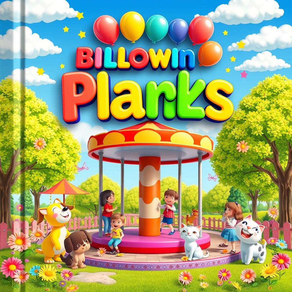 A vibrant and colorful children's book cover featuring a whimsical scene set in a park