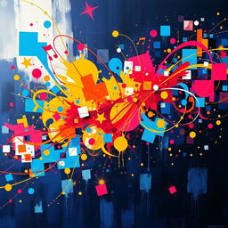 A dazzling, intricate piece of xylo-phonic art featuring vibrant colors and abstract shapes, inspired by the concept of sound waves and musical notes