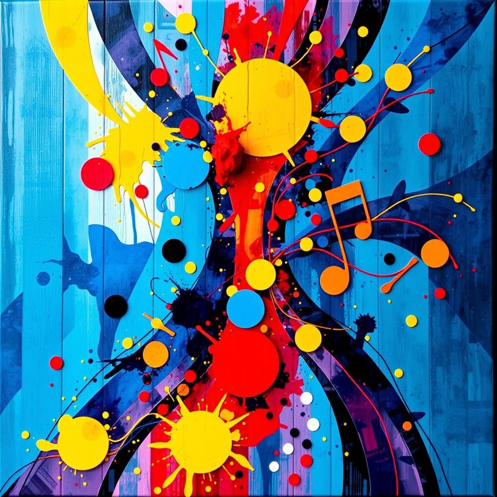 A dazzling, intricate piece of xylo-phonic art featuring vibrant colors and abstract shapes, inspired by the concept of sound waves and musical notes