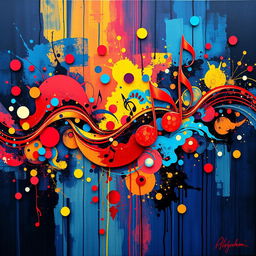 A dazzling, intricate piece of xylo-phonic art featuring vibrant colors and abstract shapes, inspired by the concept of sound waves and musical notes