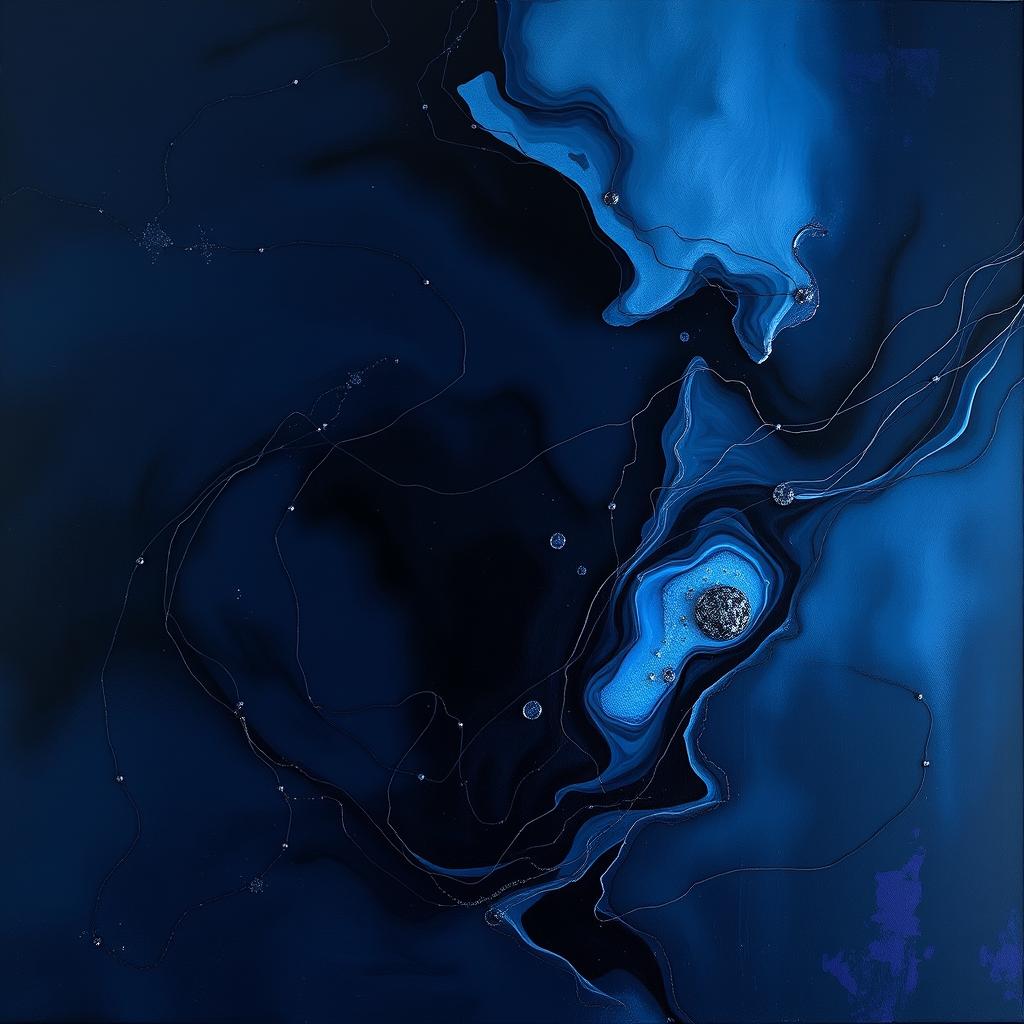A captivating abstract artwork titled "Xilent", showcasing a harmonious blend of deep, dark colors like midnight blue, black, and hints of purple, creating a mysterious atmosphere