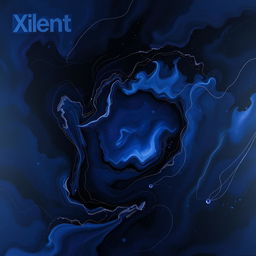 A captivating abstract artwork titled "Xilent", showcasing a harmonious blend of deep, dark colors like midnight blue, black, and hints of purple, creating a mysterious atmosphere