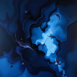 A captivating abstract artwork titled "Xilent", showcasing a harmonious blend of deep, dark colors like midnight blue, black, and hints of purple, creating a mysterious atmosphere