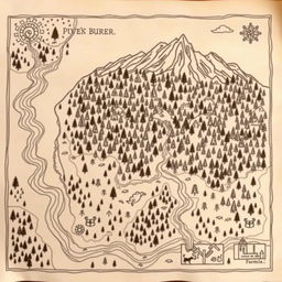 A hand-drawn forest map featuring a vast, intricate forest with mountains at the top
