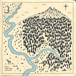 A hand-drawn forest map featuring a vast, intricate forest with mountains at the top