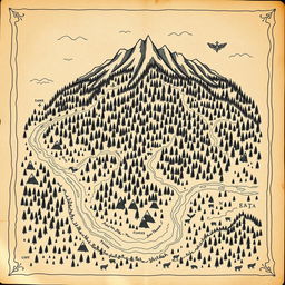 A hand-drawn forest map featuring a vast, intricate forest with mountains at the top