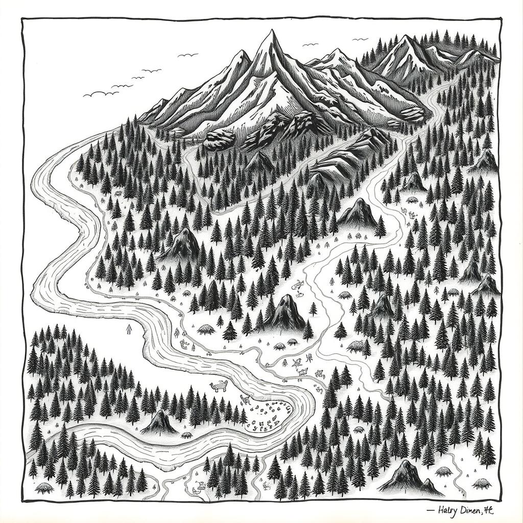 A hand-drawn forest map featuring a vast, intricate forest with mountains at the top