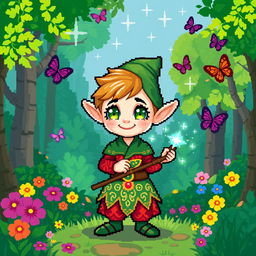 A charming pixel art depiction of a whimsical elf standing in a lush green forest