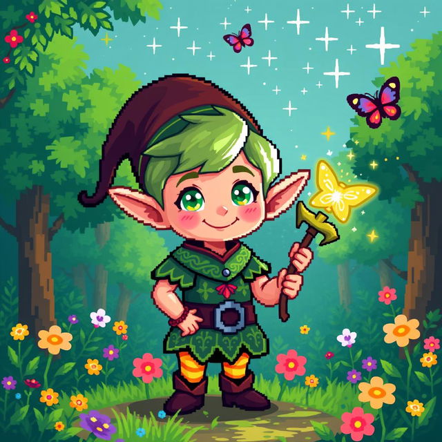 A charming pixel art depiction of a whimsical elf standing in a lush green forest