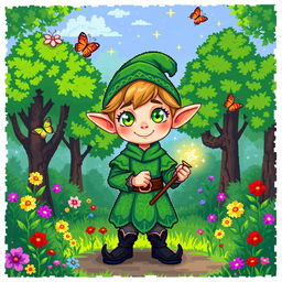 A charming pixel art depiction of a whimsical elf standing in a lush green forest