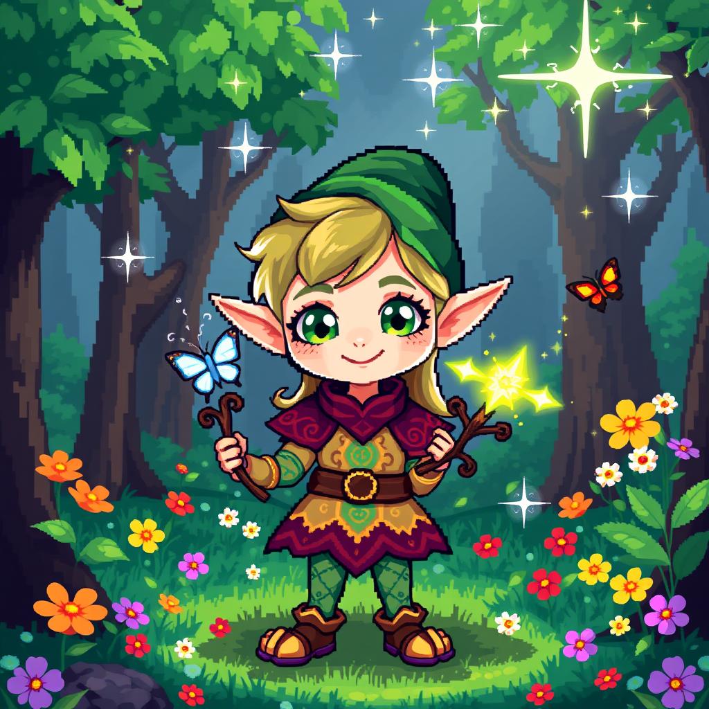 A charming pixel art depiction of a whimsical elf standing in a lush green forest