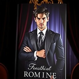 A captivating book cover featuring a seductive character, a mysterious and alluring person dressed in an elegant, dark suit, standing confidently in a dimly lit, lavish setting