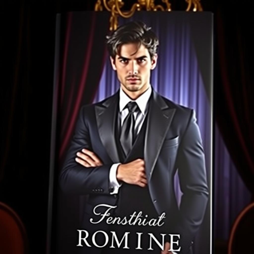 A captivating book cover featuring a seductive character, a mysterious and alluring person dressed in an elegant, dark suit, standing confidently in a dimly lit, lavish setting