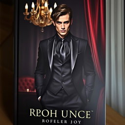 A captivating book cover featuring a seductive character, a mysterious and alluring person dressed in an elegant, dark suit, standing confidently in a dimly lit, lavish setting