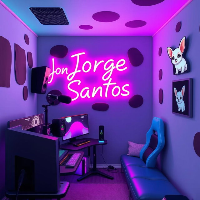 A cozy animated gaming room featuring vibrant neon colors, with a background of gray punctuated by touches of black and purple