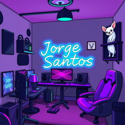 A cozy animated gaming room featuring vibrant neon colors, with a background of gray punctuated by touches of black and purple
