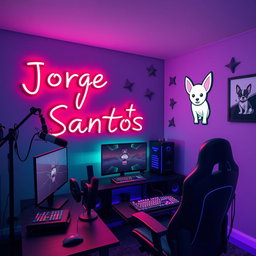 A cozy animated gaming room featuring vibrant neon colors, with a background of gray punctuated by touches of black and purple