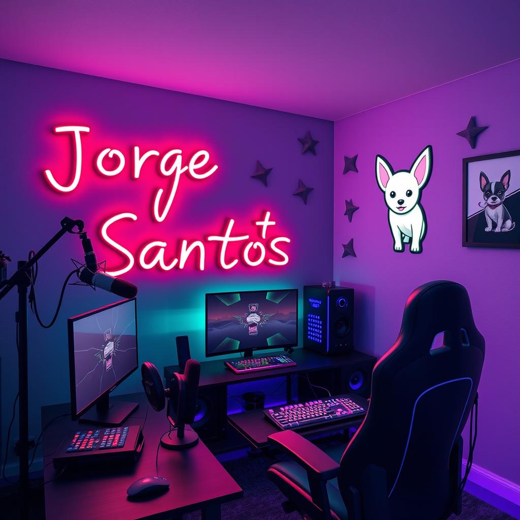 A cozy animated gaming room featuring vibrant neon colors, with a background of gray punctuated by touches of black and purple