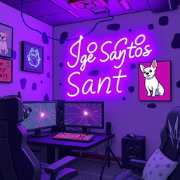 A cozy animated gaming room featuring vibrant neon colors, with a background of gray punctuated by touches of black and purple