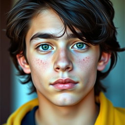 A photo ID of a 16-year-old Venezuelan-Italian boy with dark, slightly long and messy hair that reaches his neck