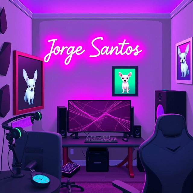 A cozy animated gaming room featuring vibrant neon colors, with a background of gray accented by touches of black and purple
