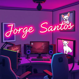 A cozy animated gaming room featuring vibrant neon colors, with a background of gray accented by touches of black and purple