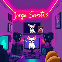 A cozy animated gaming room featuring vibrant neon colors, with a background of gray accented by touches of black and purple
