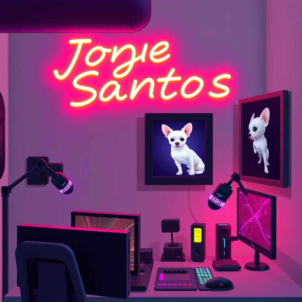 A cozy animated gaming room featuring vibrant neon colors, with a background of gray accented by touches of black and purple