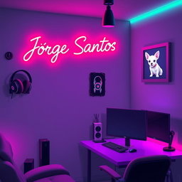 A cozy animated gaming room filled with vibrant neon tones, set against a gray background complemented by touches of black and purple