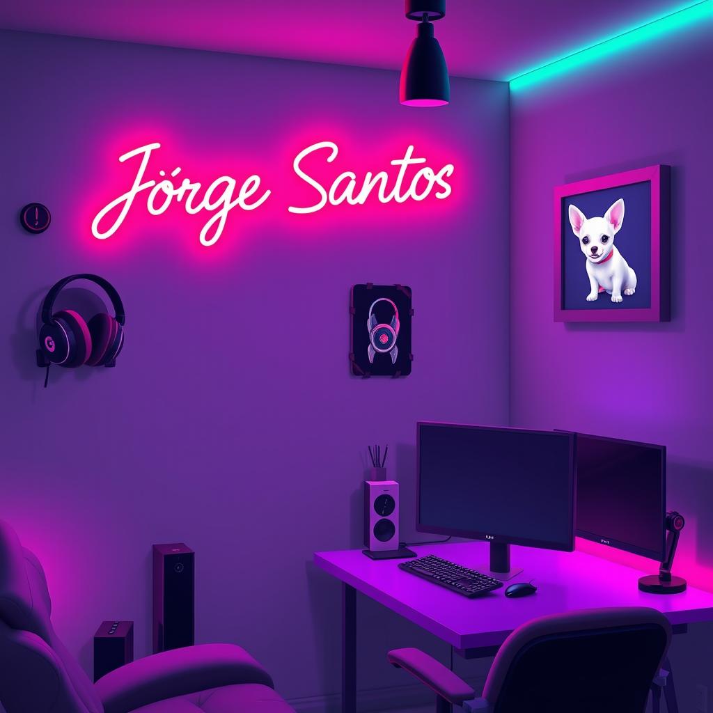 A cozy animated gaming room filled with vibrant neon tones, set against a gray background complemented by touches of black and purple