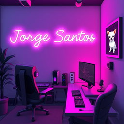 A cozy animated gaming room filled with vibrant neon tones, set against a gray background complemented by touches of black and purple