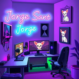 A cozy animated gaming room filled with vibrant neon tones, set against a gray background complemented by touches of black and purple
