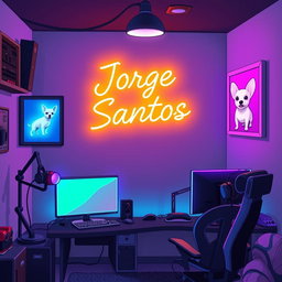 A cozy animated gaming room filled with vibrant neon tones, set against a gray background complemented by touches of black and purple