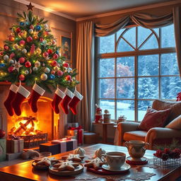 A cozy, festive Christmas scene featuring a beautifully decorated living room with a large Christmas tree twinkling with colorful lights, ornaments, and a star on top