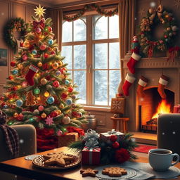 A cozy, festive Christmas scene featuring a beautifully decorated living room with a large Christmas tree twinkling with colorful lights, ornaments, and a star on top