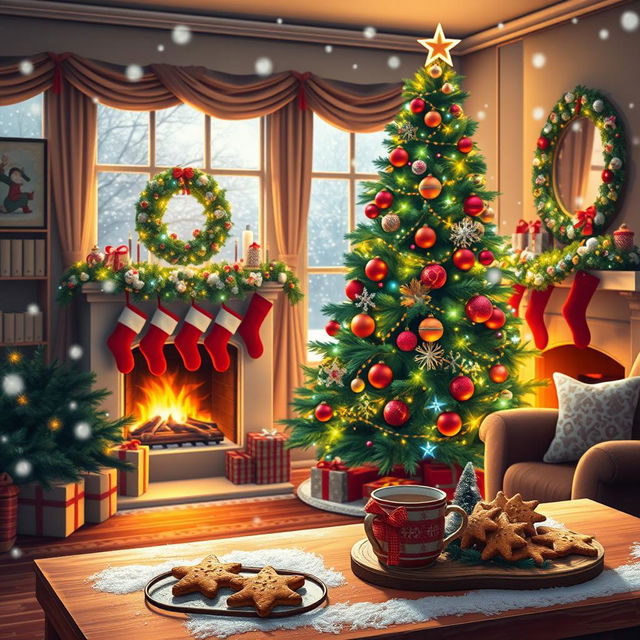 A cozy, festive Christmas scene featuring a beautifully decorated living room with a large Christmas tree twinkling with colorful lights, ornaments, and a star on top