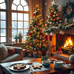 A cozy, festive Christmas scene featuring a beautifully decorated living room with a large Christmas tree twinkling with colorful lights, ornaments, and a star on top