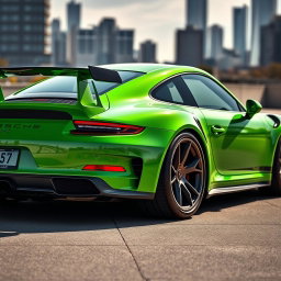 A stunning Porsche 911 GT3 RS in a vibrant hydrocarbon green finish, showcasing its sleek and aerodynamic design
