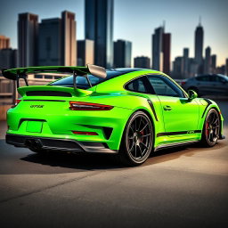 A stunning Porsche 911 GT3 RS in a vibrant hydrocarbon green finish, showcasing its sleek and aerodynamic design
