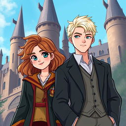 A fanart scene depicting Hermione Granger and Draco Malfoy standing together in front of Hogwarts Castle, showcasing the iconic elements of the castle with its tall towers and turrets in the background